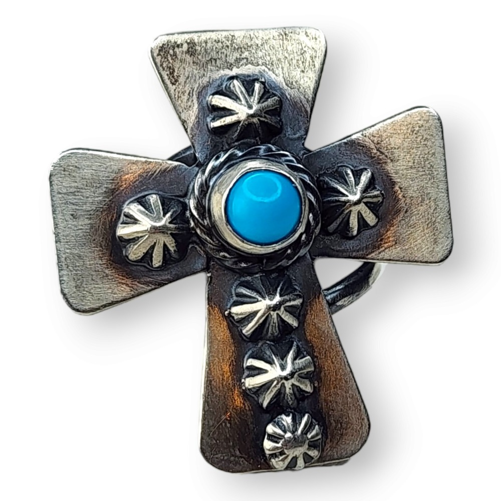 Running Bear Sterling Silver 925 Sleeping Beauty Turquoise Cross Ring Size‎ 9 - Picture 4 of 9